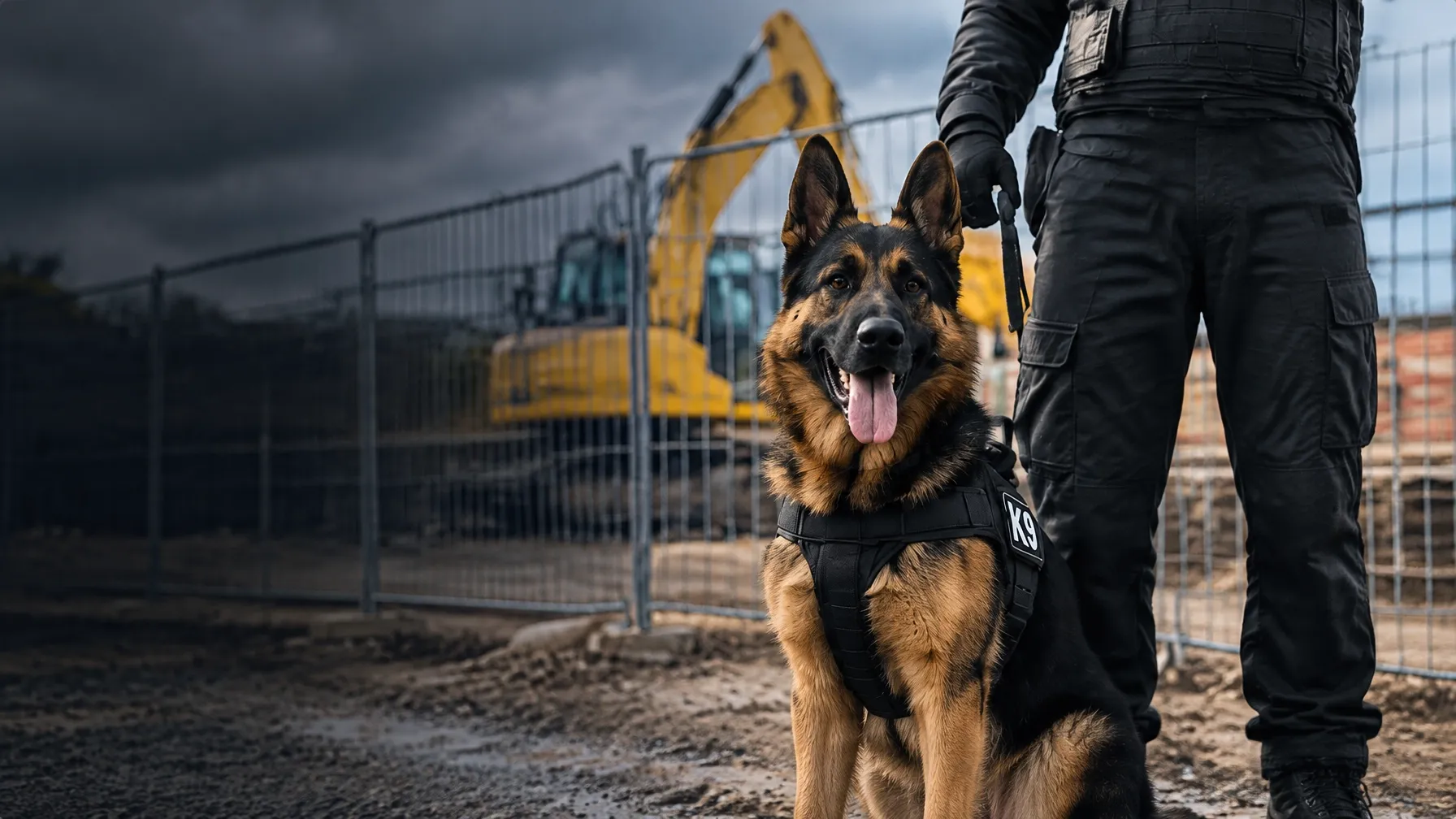German Shepherd security dog with its handler at a construction site